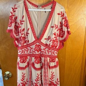 Honey Punch Red and Cream Floral Maxi Dress